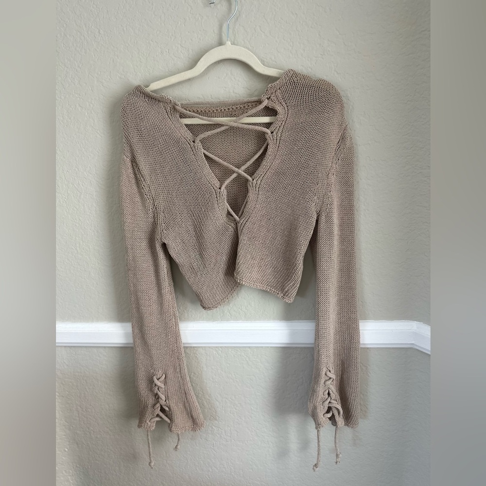 Zara Tan Knit Lace-Up Sweater
